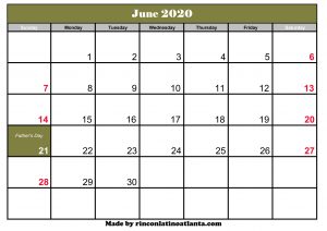 june calendar for 2020 printable template