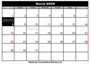 march 2020 calendar with holidays