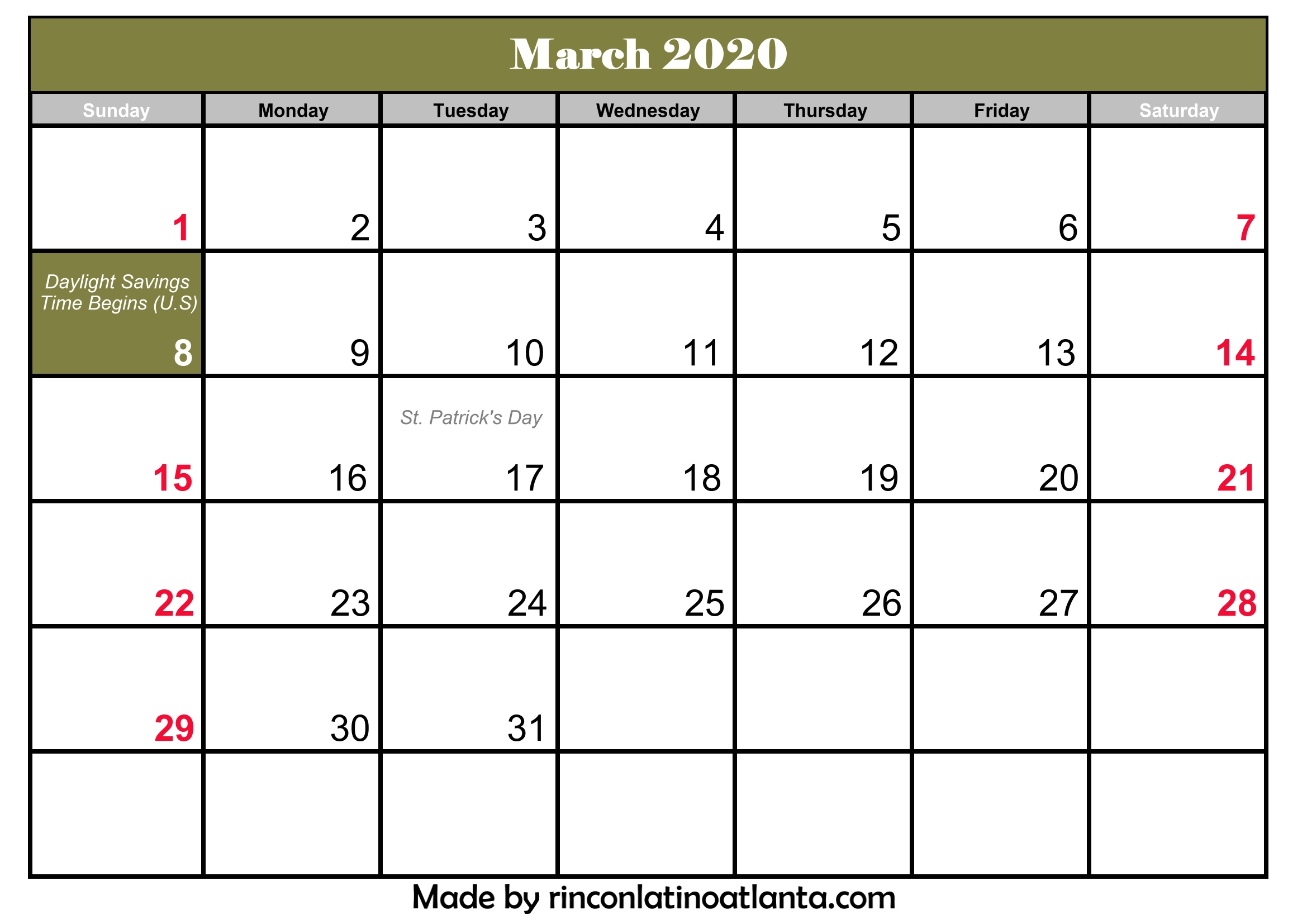 march calendar 2020 united states