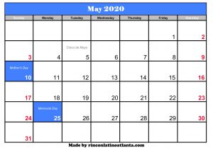 may 2020 calendar blank printable template