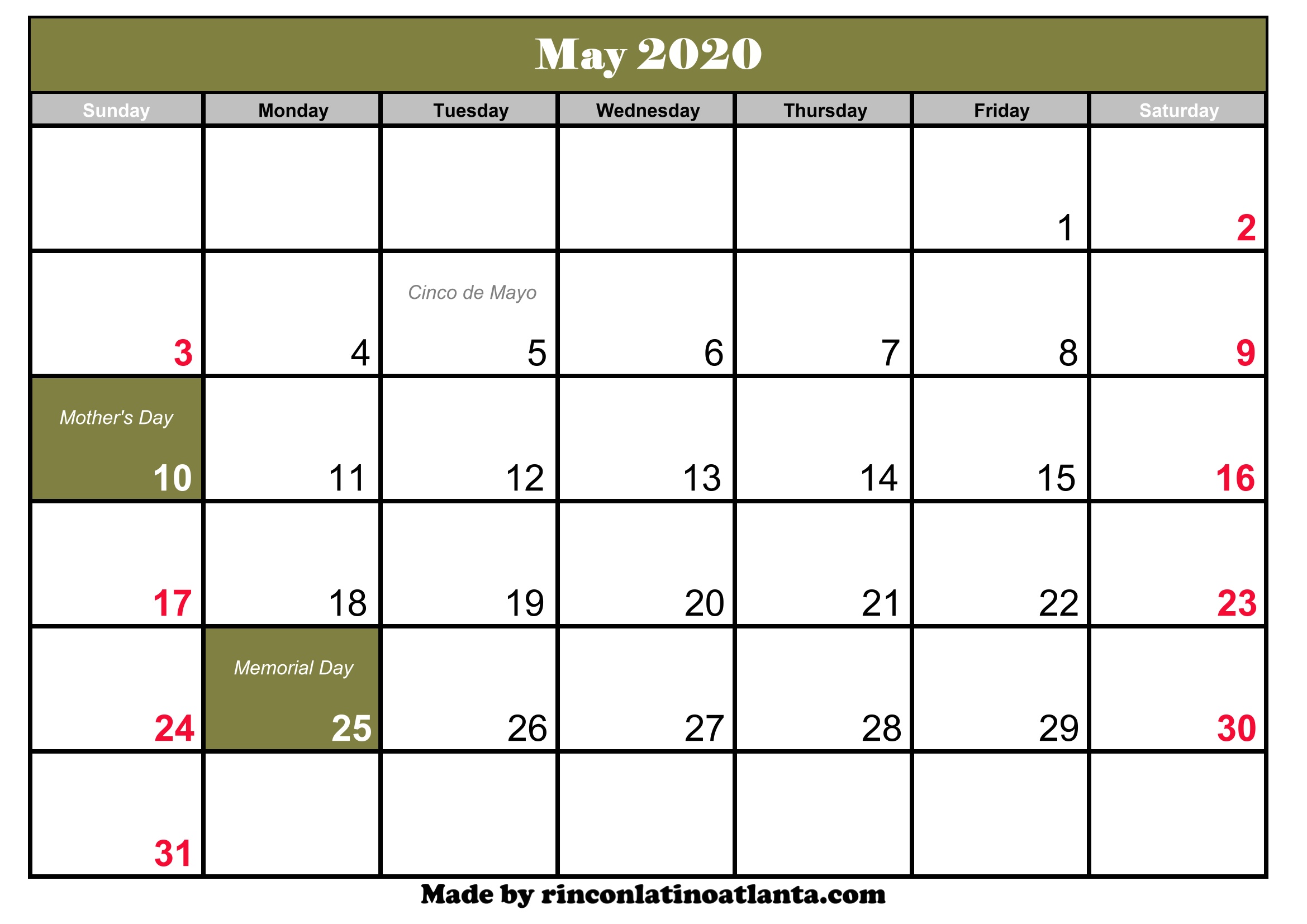 May 2020 Calendar With Holiday | Calendar Template Printable
