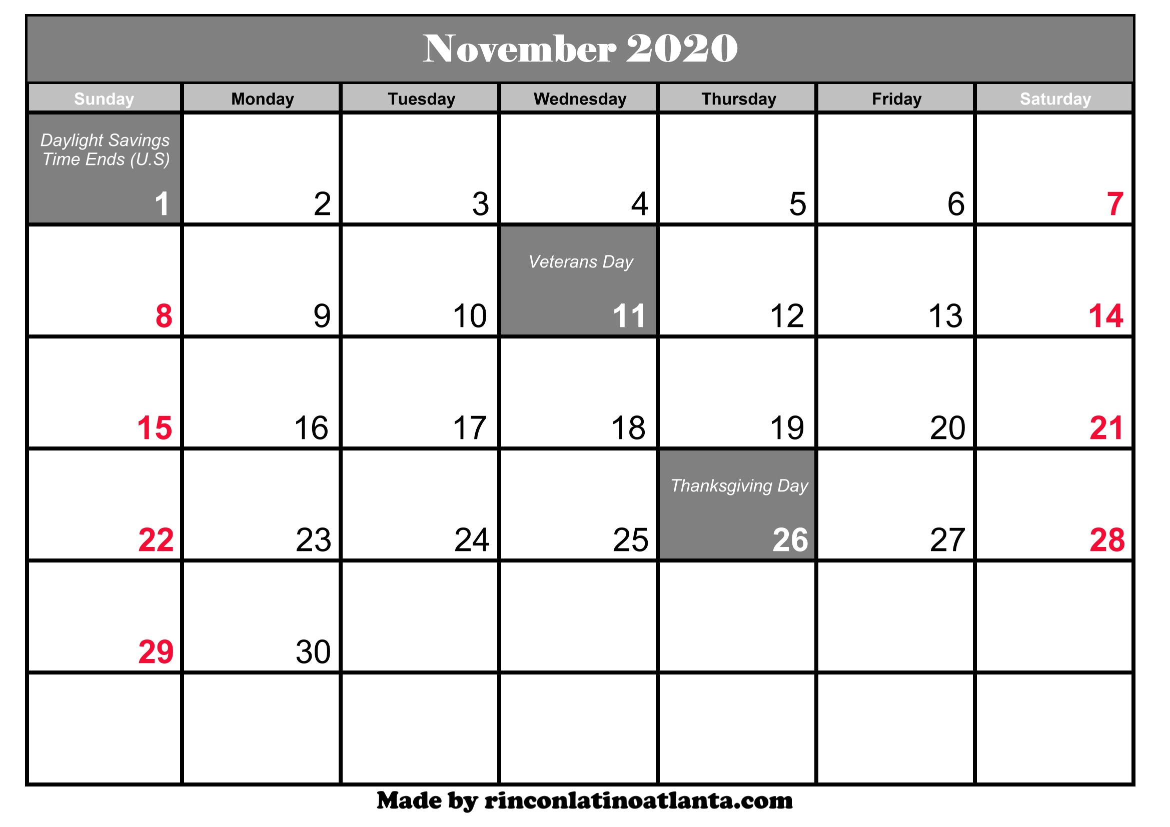 November 2020 Calendar With Holidays Printable | Calendar Template Printable