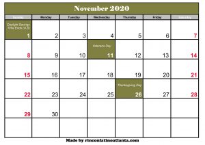 november 2020 calendar template printable green header