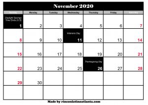 november 2020 calendar with holidays