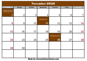 november 2020 holiday calendar printable brown header