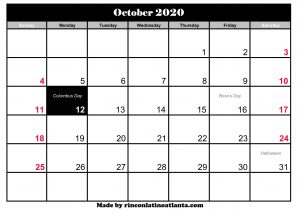 october 2020 calendar printable template