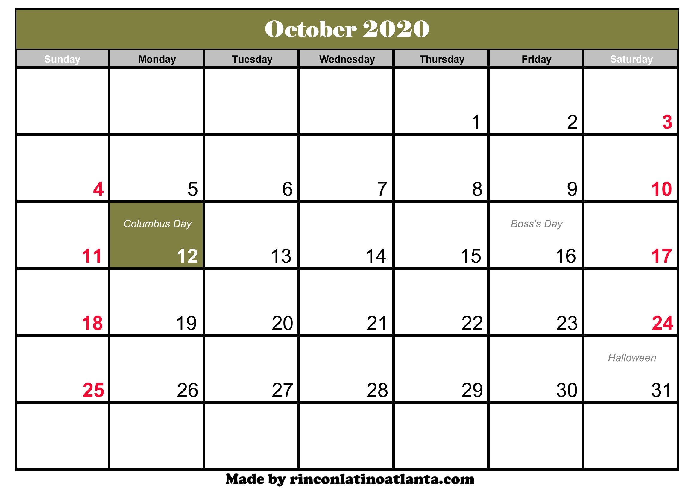 october 2020 calendar template
