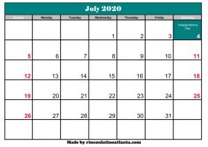 printable calendar of july 2020