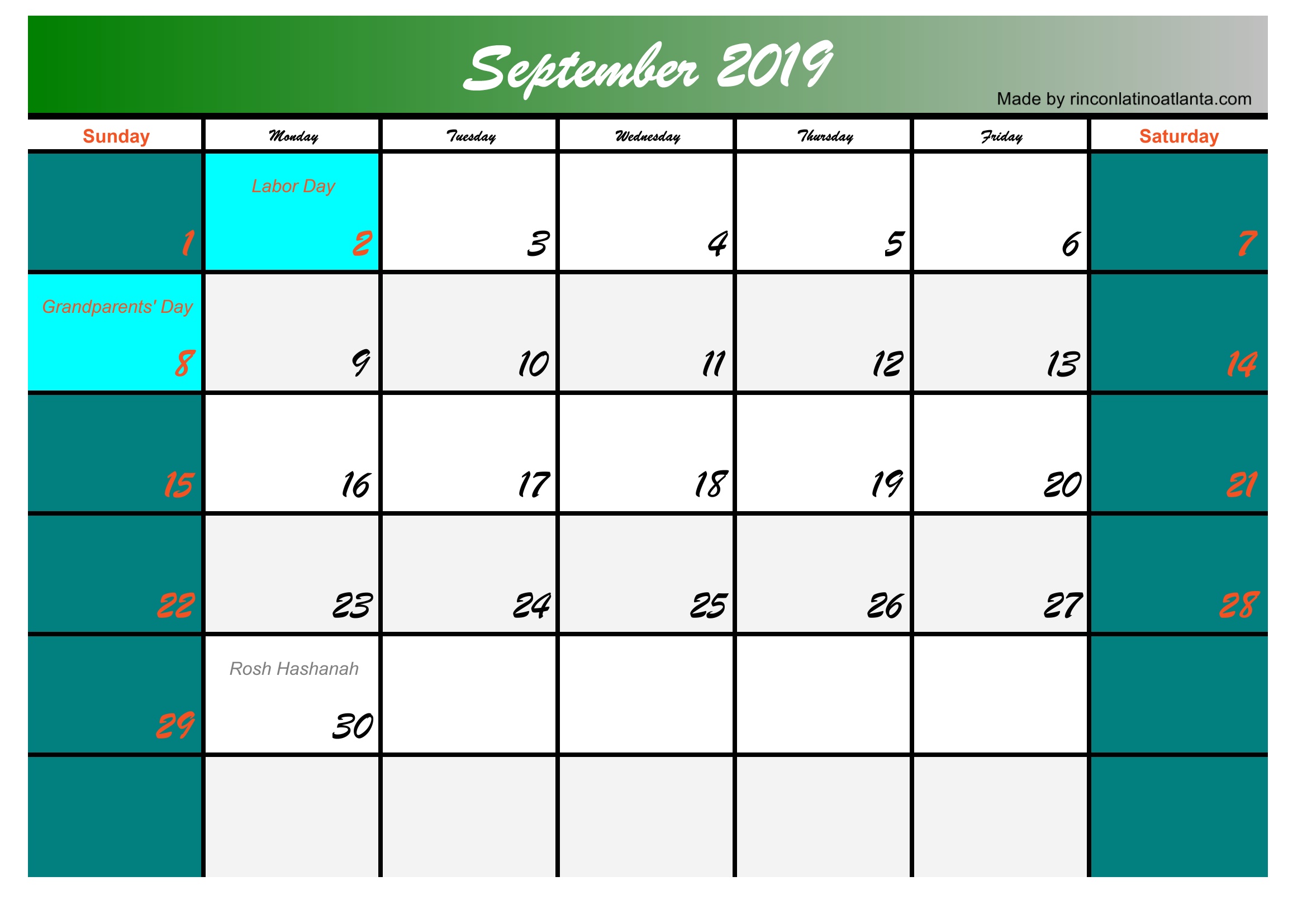 september 2019 calendar with holidays