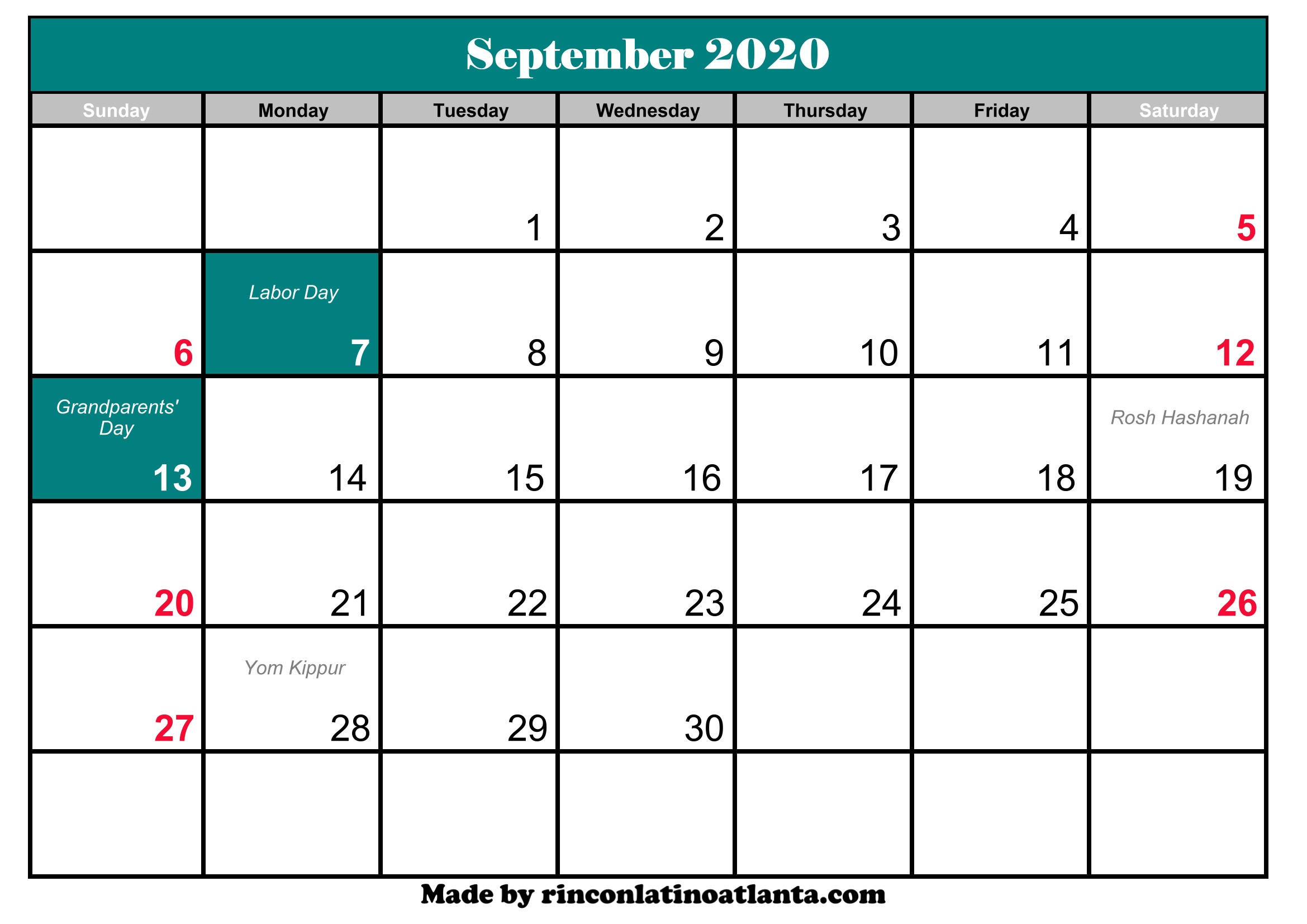 September 2020 Calendar with Holidays Calendar Template Printable