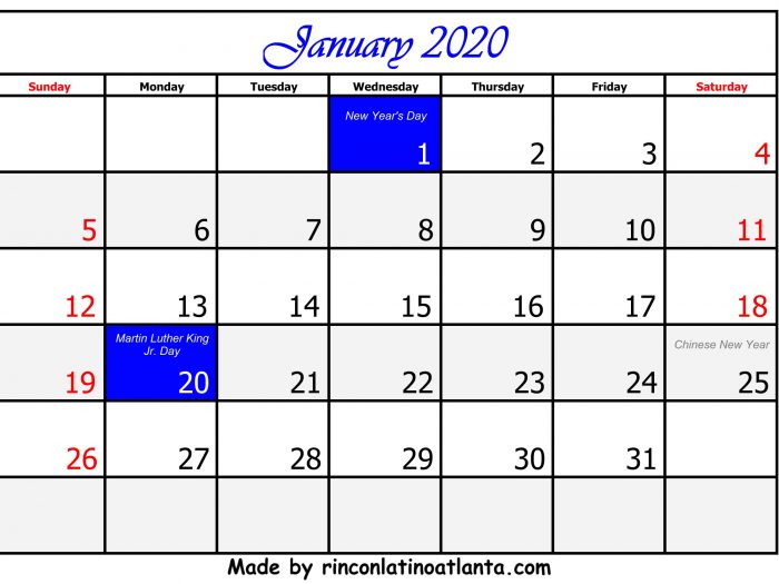 1 January Calendar Template 2020