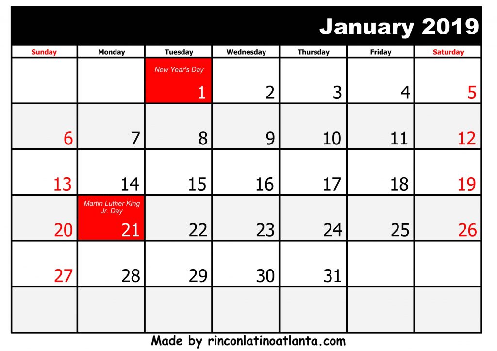 1 January Printable 2019 calendar with Holidays black anda white