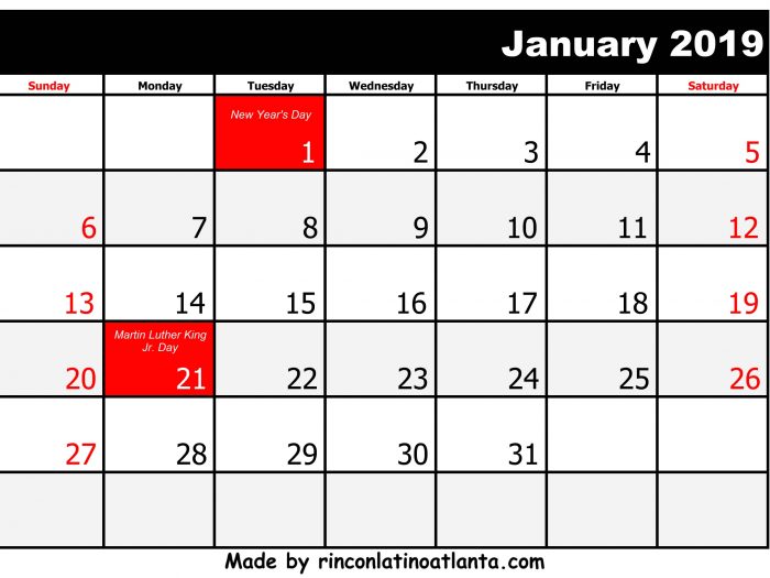 1 January Printable 2019 calendar with Holidays black anda white