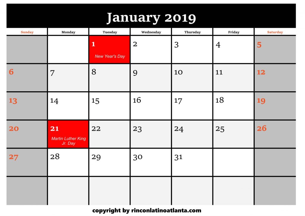 1 Printable 2019 Calendar by Month January