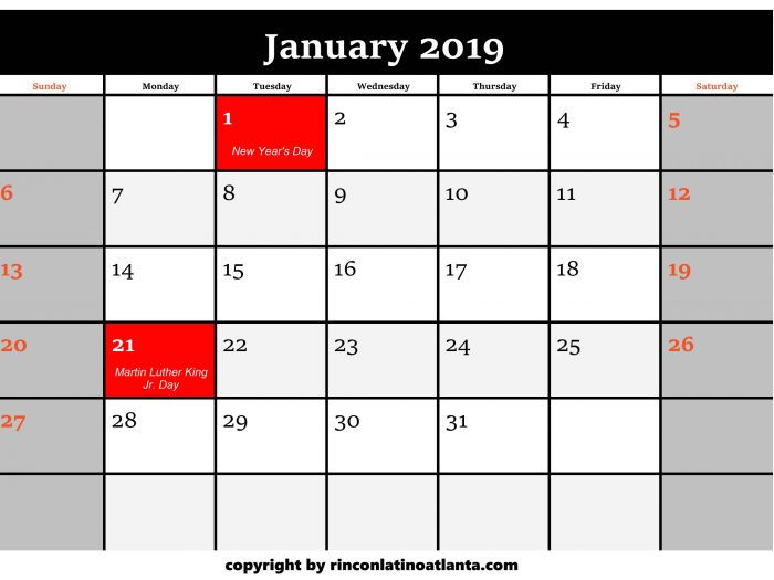 1 Printable 2019 Calendar by Month January