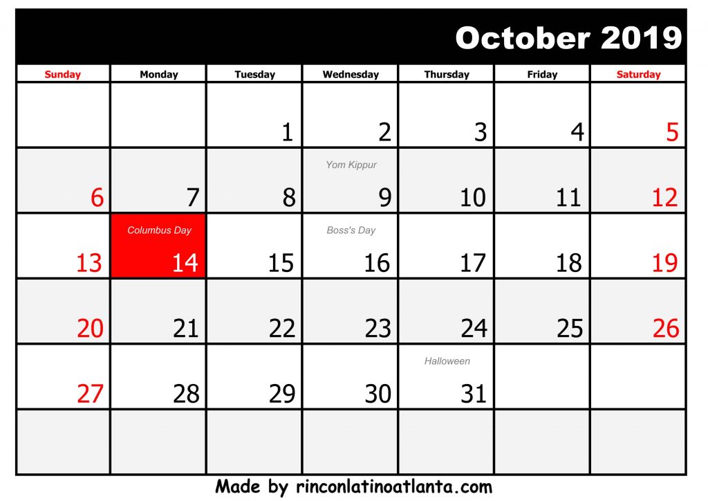 10 October Printable 2019 calendar with Holidays Black And White