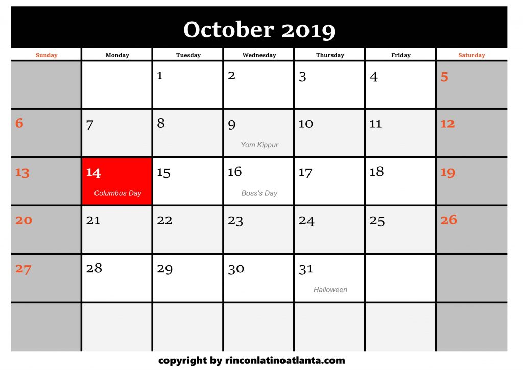 10 Printable 2019 Calendar by Month October