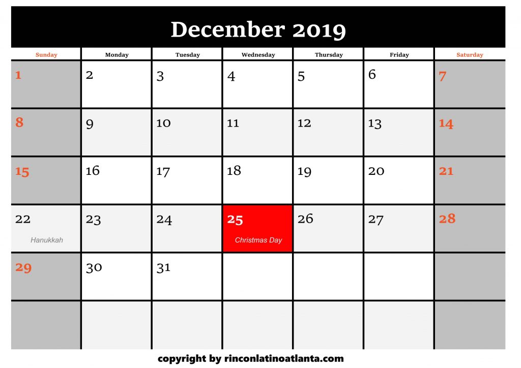 12 Printable 2019 Calendar by Month December