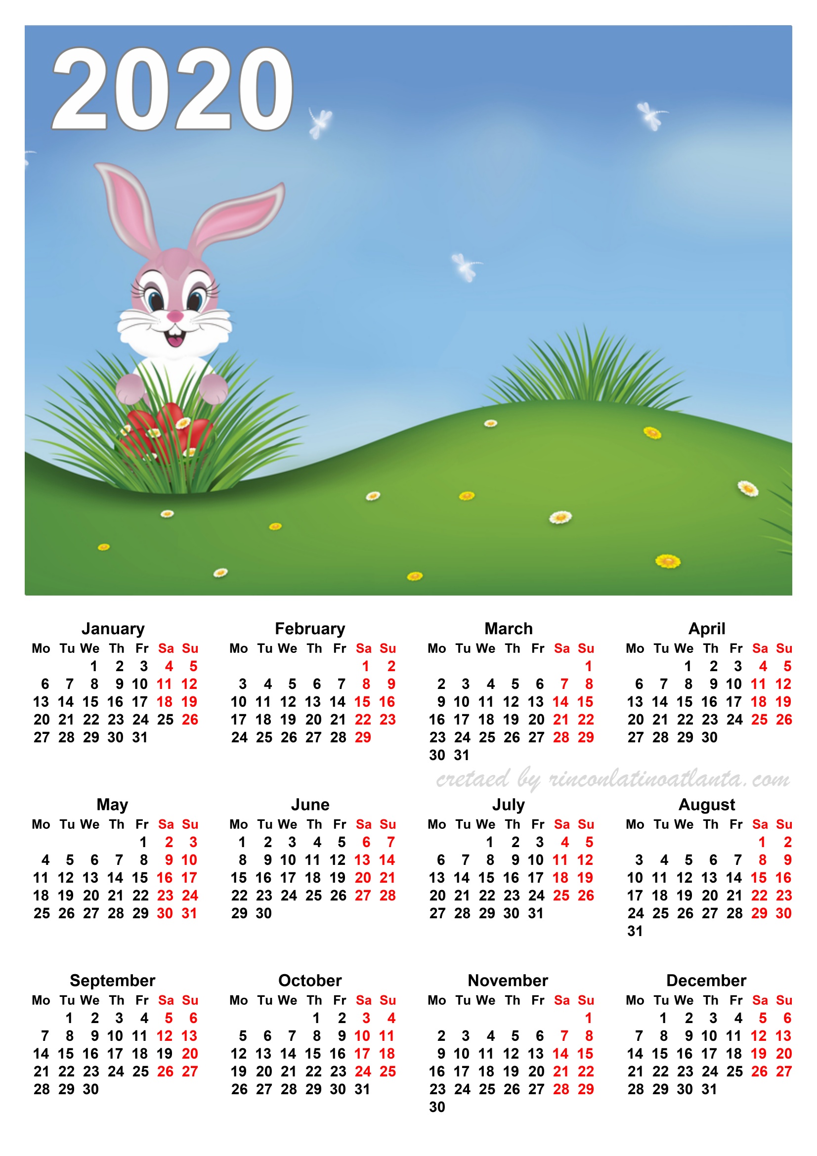 2020 Calendar Printable One Page Free Calendar Template Printable