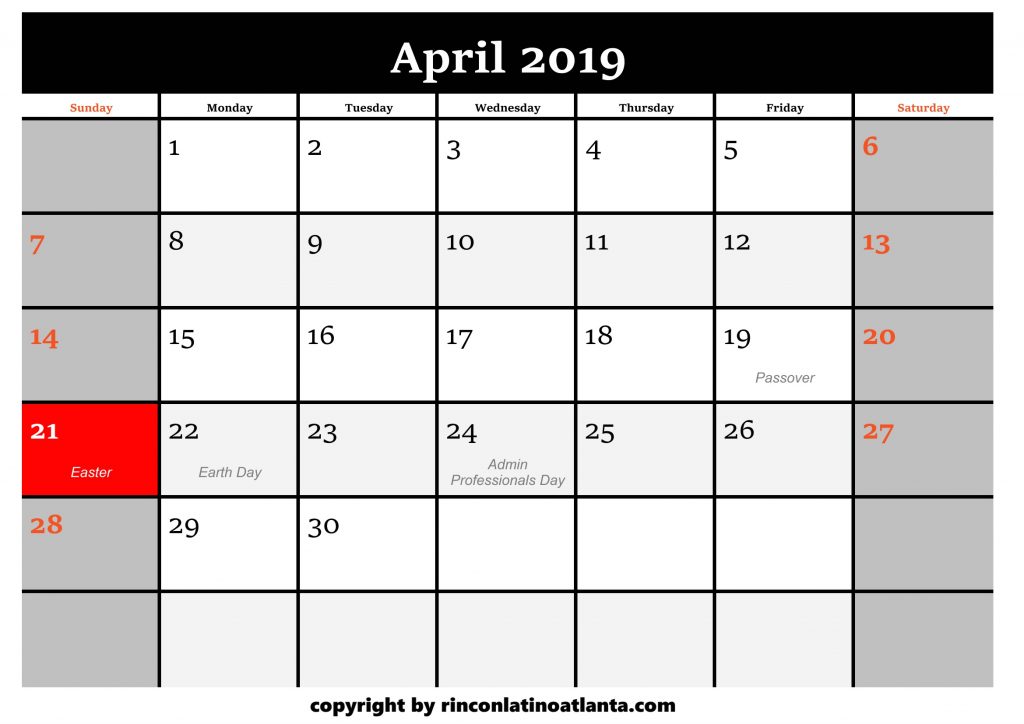 4 Printable 2019 Calendar by Month April