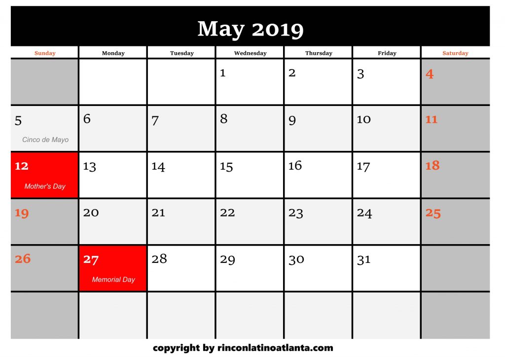 5 Printable 2019 Calendar by Month May