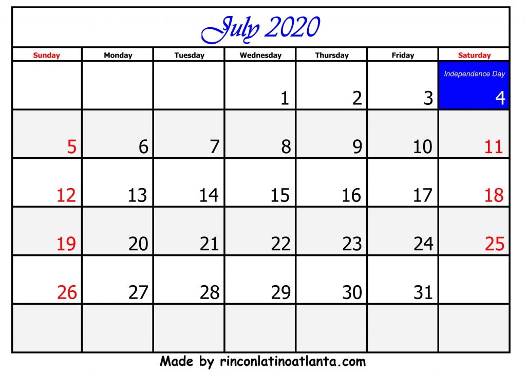 7 July Calendar Template 2020