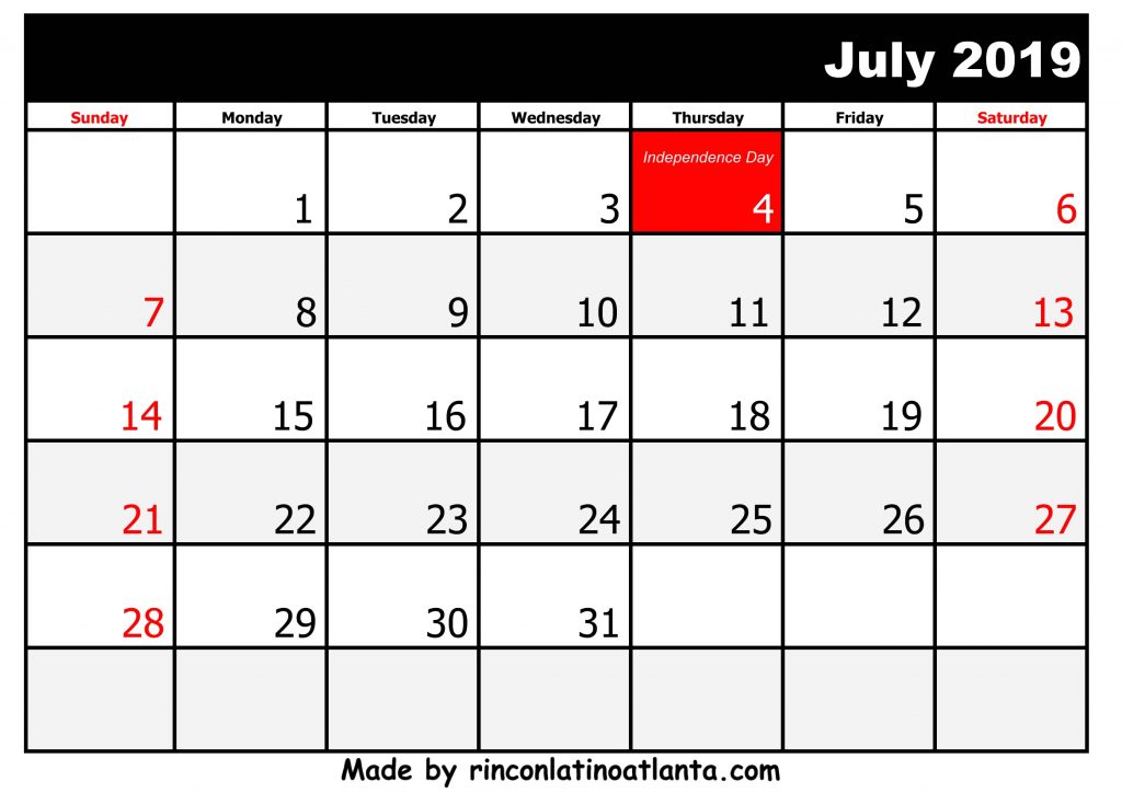 7 July Printable 2019 calendar with Holidays Black And White