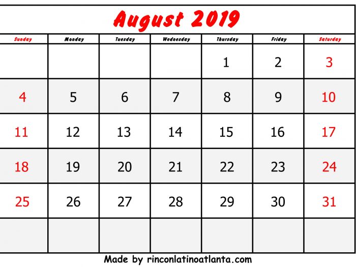 August Calendar 2019 Printable Free Red Font Header Center
