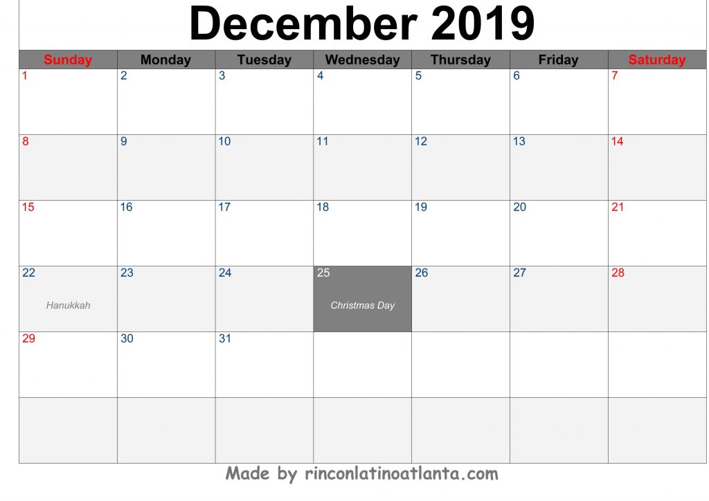 December 2019 Calendar Printable Template Black Header Font Arial Center