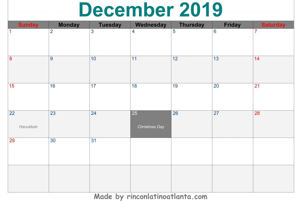 December 2019 Calendar Printable Template Green Header Font Arial Center