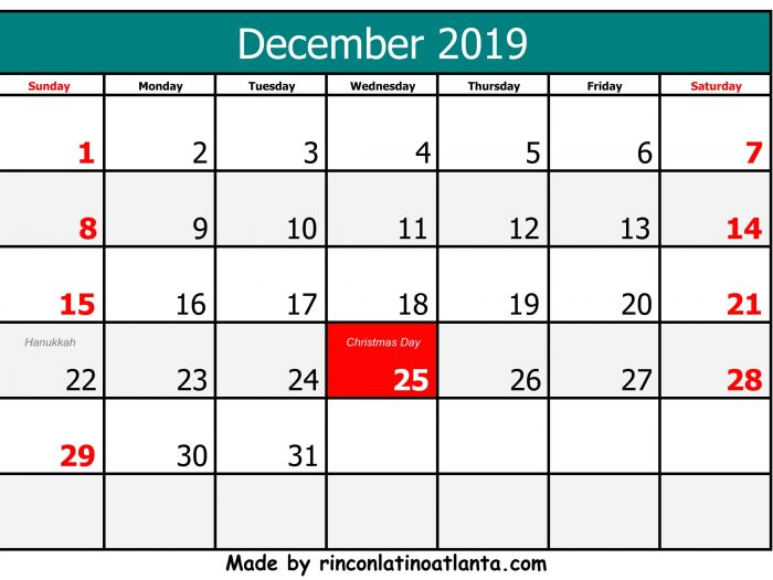 Free Printable 2019 December Calendar