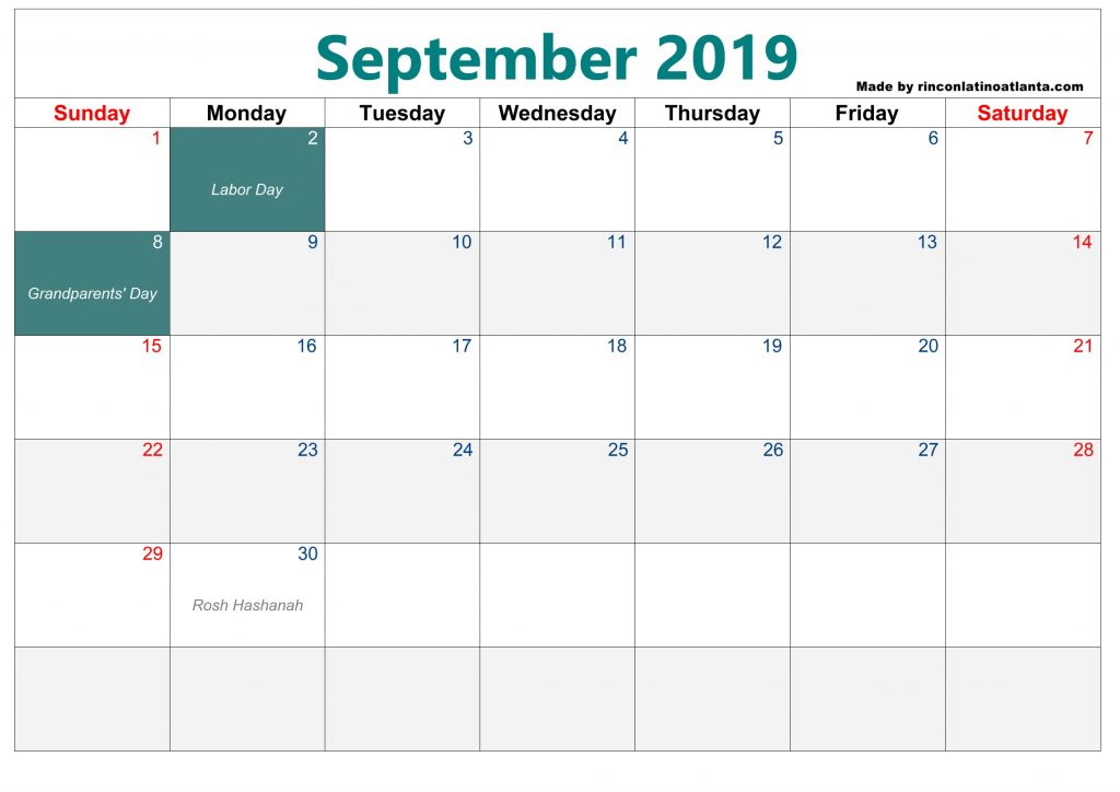 Green Center Header Blank Calendar September 2019 Printable Free Download