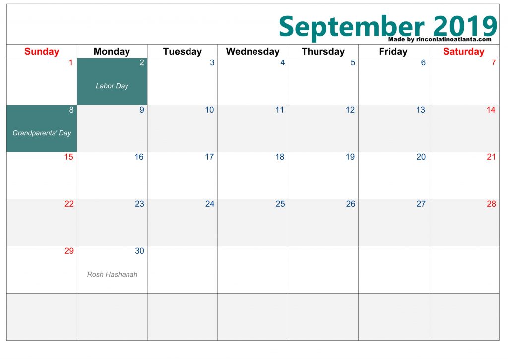 Green Center Right Header Blank Calendar September 2019 Printable Free Download