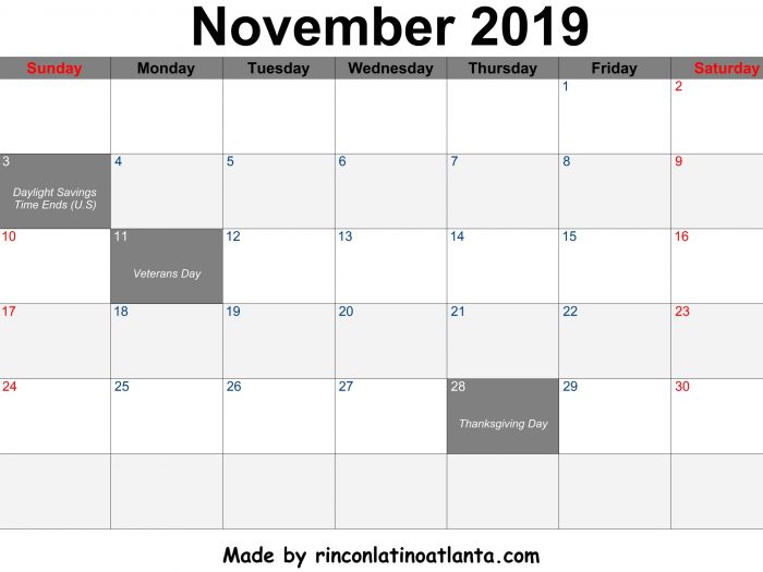 November 2019 Calendar Printable Center Header Black Font Color