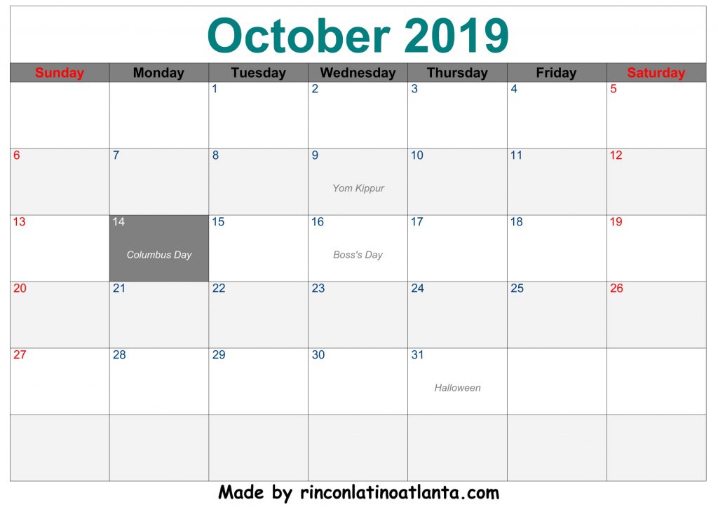 October 2019 Printable Calendar Blue Center Header