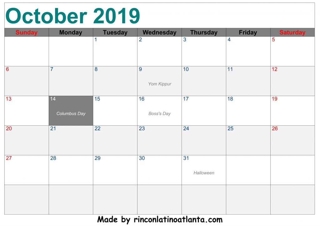 October 2019 Printable Calendar Blue Left Header Editable