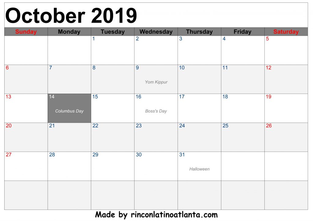 October 2019 Printable Calendar Left Header Free